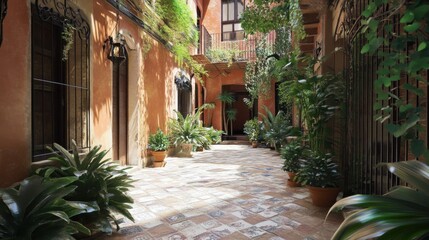 Serene Courtyard with Lush Greenery and Warm Terracotta Walls