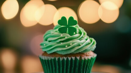 A festive St. Patrick's Day cupcake with green frosting and a shamrock decoration