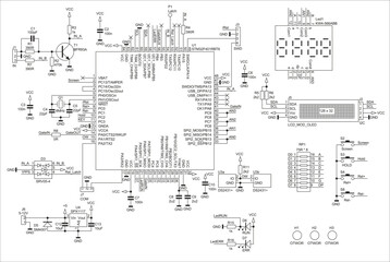 Schematic diagram of digital electronic device 
on paper sheet. Vector drawing electrical circuit with 
integrated circuit, cpu,
lcd display, led, transistor,
capacitor, resistor, other components.