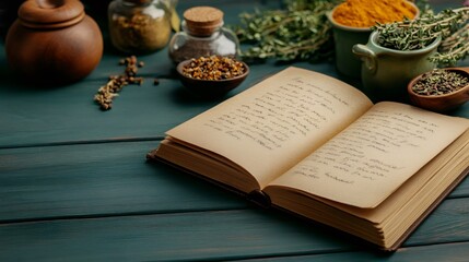 Open book of herbal recipes with spices and herbs scattered around