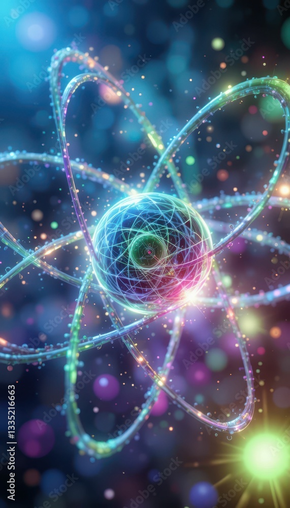 Poster abstract depiction of atom with colorful light particles in space