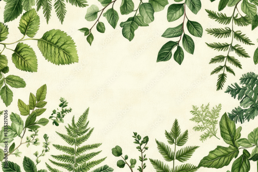 Poster green leaves and fern branches creating a natural frame on beige background
