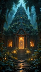 Fototapeta premium Ancient Temple Surrounded by Lush Greenery and Mystical Atmosphere