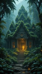 Fototapeta premium Majestic Overgrown Temple Hidden in Lush Green Jungle Setting