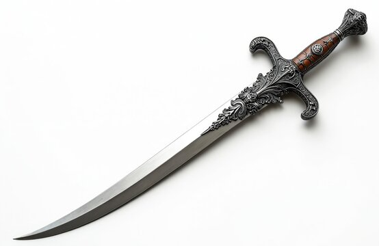 Ornate silver dagger with detailed handle on white background. Sharp metal weapon with curved blade. Cold steel dagger with mediaeval decorative elements for fantasy game.