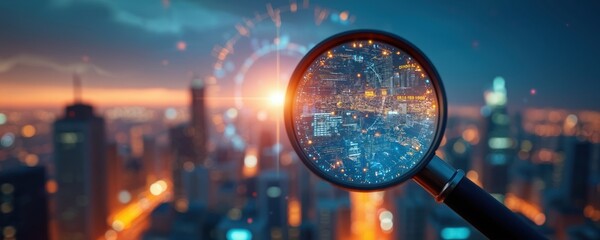 Magnifying glass over cityscape with digital data overlay. Business control over quotes and shares. Market research by trader, financial investigation, corporate exploration in downtown at night.
