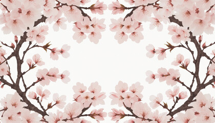 Cherry blossom frame design with delicate pink flowers on a white background
