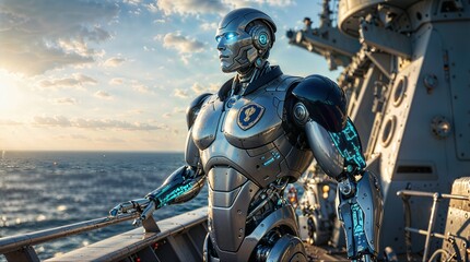 Fototapeta premium AI Robotic Navy Officer Standing On His Ship , Futuristic Robot on Ship Deck Overlooking the Ocean. Robotic Marine Officer 