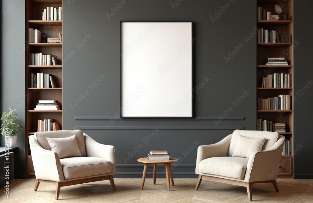 Poster black empty frame mock up on grey wall in modern reading room with armchairs and bookshelves. interi