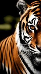 Fototapeta premium Majestic tiger staring fiercely in the wild, showcasing its striking stripes and intense gaze at dusk Generative AI