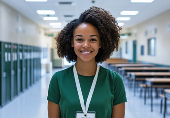 A young Black female teacher stands in a bright school hallway, smiling warmly and wearing a green shirt. She exudes positivity and readiness for her students as desks line the space