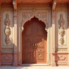 Ornamental wooden door archway in India. Palace mahal entrance with rich carving in Rajasthan, Jaipur. Traditional oriental design, unique obsolete handle, ancient wall decor, ornate details,
