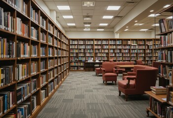 Obraz premium Cozy Library Interior with Bookshelves and Relaxing Seating Area