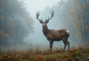 Majestic Deer in Misty Forest Surrounded by Autumn Colors