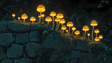 Luminous mushrooms grow on old stone wall. Whispering Mushrooms. Illustration