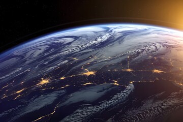 Spacescape view from above showing the illuminated Earth at dawn with swirling clouds and vibrant colors of the atmosphere Generative AI