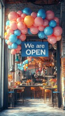 Pastel Balloons Decorate the Grand Opening of a Sunlit Cafe