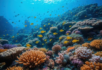 Naklejka premium Vibrant Coral Reef Scene with Colorful Fish Swimming in Ocean Depths