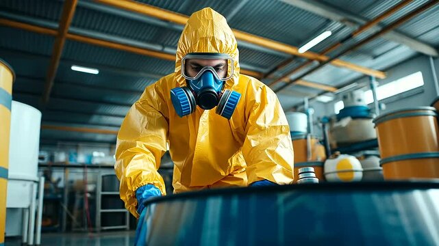A worker in a yellow hazmat suit, complete with a gas mask, checks the safety procedures near a barrel containing toxic chemicals in a high-risk industrial facility. The scene emph