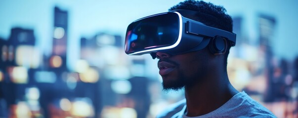 Man wearing a virtual reality headset is experiencing the digital world