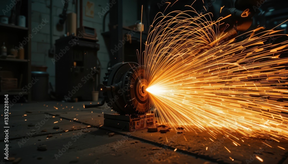 Poster sparks flying from a rotating motor in an industrial setting