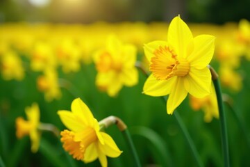 Field of sunny yellow daffodils in full bloom , yellow, landscape