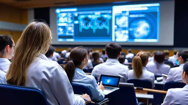 Healthcare professionals in an auditorium listen to an engaging presentation on a massive screen, discussing advances in medical technology and patient care strategies.