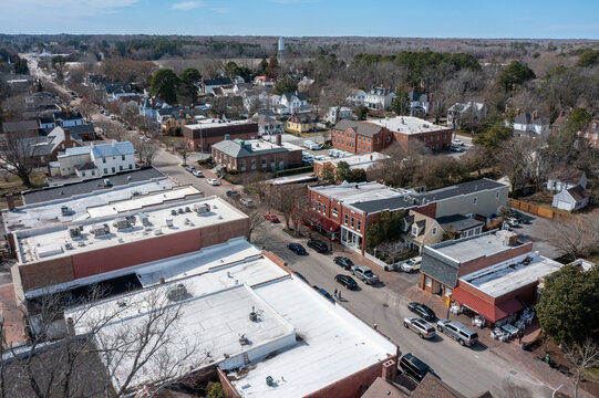 Aerial View Main Street With Shops and Businesses in Smithfield Virginia