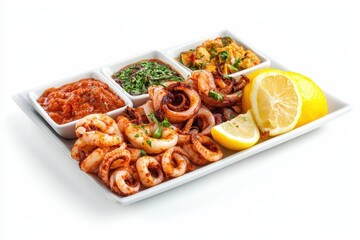 Fried spicy squid tentacles served with lemon and sauces featured on a white background