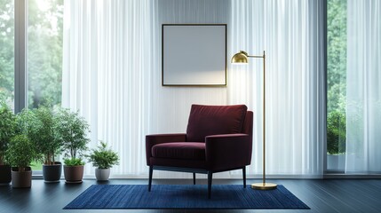 A contemporary brass floor lamp beside a rich burgundy armchair with black wooden legs, positioned on a deep blue rug over a sleek, dark wood floor