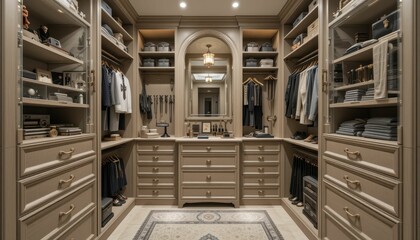 Obraz premium Elegant Walk-in Closet with Organized Shelves and Modern Design