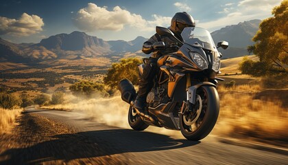 Obraz premium A motorcycle rider cruising on a country road