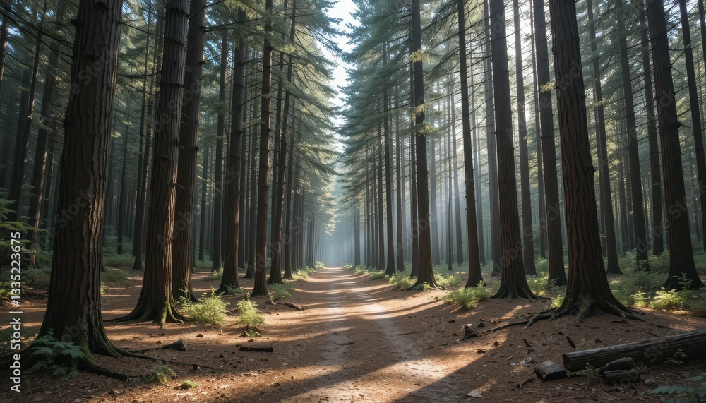 Poster serene forest path with tall trees and soft sunlight streaming through