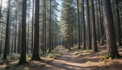 Obraz premium Serene Forest Pathway with Tall Evergreen Trees under Soft Light