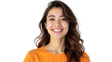 Cheerful woman smiling portrait isolated on transparent background. Happy young female headshot in orange t-shirt. Modern, clean aesthetic for website, social media, marketing.