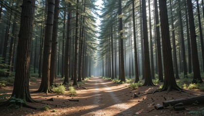 Fototapeta premium Serene Forest Path with Tall Trees and Soft Sunlight Streaming Through