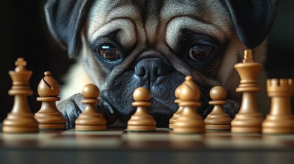 Pug dog playing chess