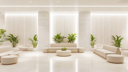 A contemporary hotel lobby with white walls and sleek marble flooring