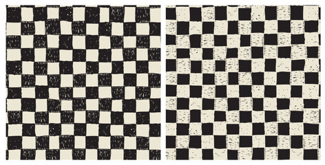 Hand drawn, grunge rectancles seamless repeat pattern in black and white. Set of two vector monochrome check boards aop, all over print.