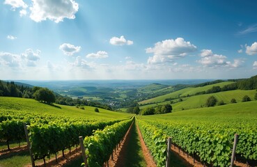 Fototapeta premium Vineyard landscape under blue sky with white clouds. Rows of grape vines, green hills. Picturesque Rhineland-Palatinate scenery in summer. Travel destination, wine production, beautiful countryside,