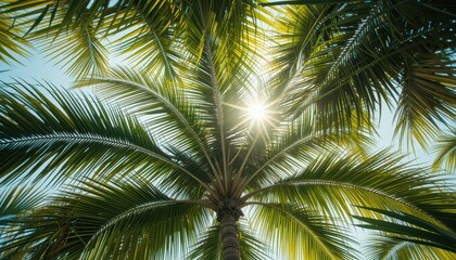 Naklejka premium Bright Sunlight Shining Through Lush Palm Tree Leaves Above Sky