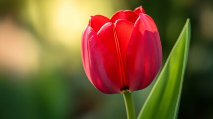 Naklejka premium Vibrant red tulip bloom in sunlit garden