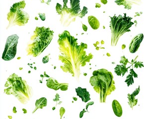 Fresh Greens Falling on White Background