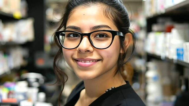 A confident female pharmacy tech with a friendly expression, working in a well-lit, well-organized pharmacy, with shelves lined with various bottles of medicine and prescription dr