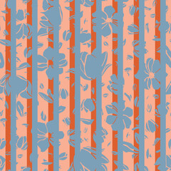 Striped blue flowers seamless repeat pattern. Random placed, vector botany aop, all over print on lined background.