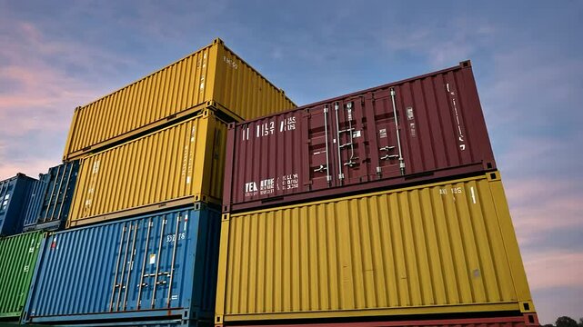 Frames A vibrant, colorful shot focusing on neatly arranged shipping containers of dif a-2, 38889480