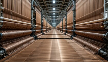 Industrial Textile Manufacturing Facility with Looms and Golden Threads