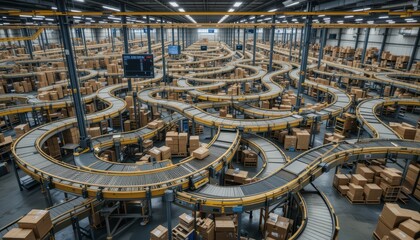 Intricate Conveyor System in Modern Warehouse with Packed Boxes