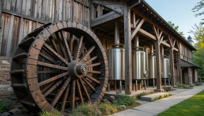 Rustic Brewery Facade with Wooden Wheel and Silver Tanks in Sunlight