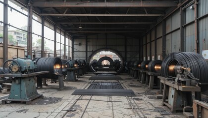 Industrial Workshop with Machinery and Steel Rolls under Natural Light